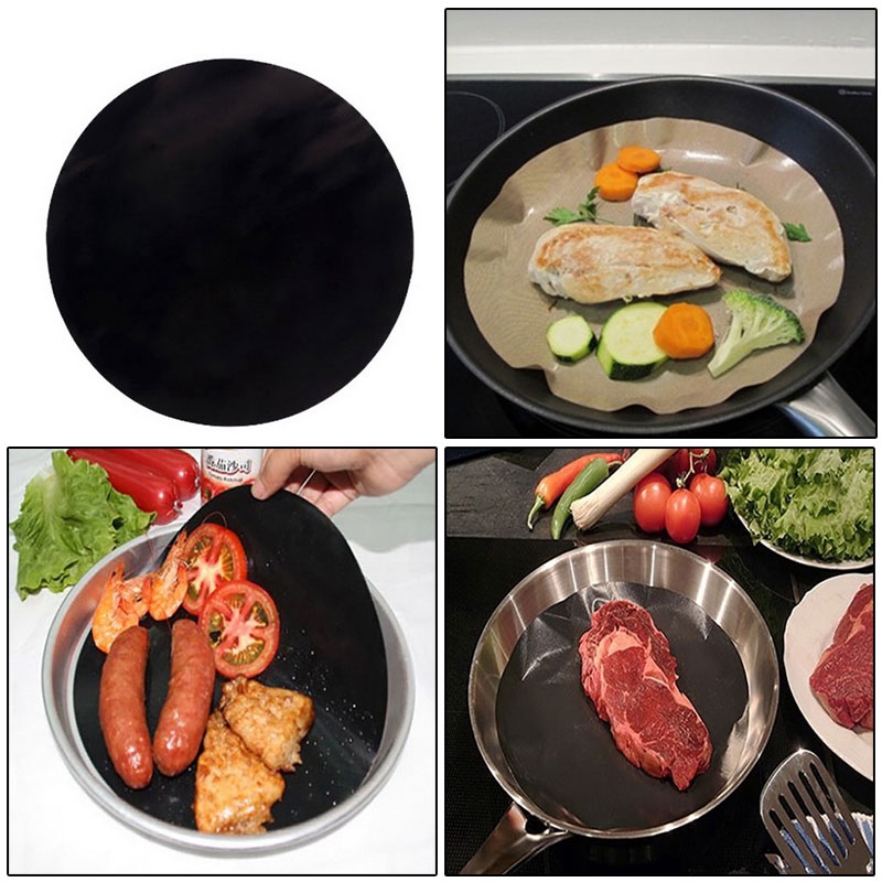 Non-Stick Mat Pan Round PTFE Frying Pan Liner Sheet Cooking Wok Sheet Pad Reuseable Kitchen BBQ Baking Mats,Color:Black