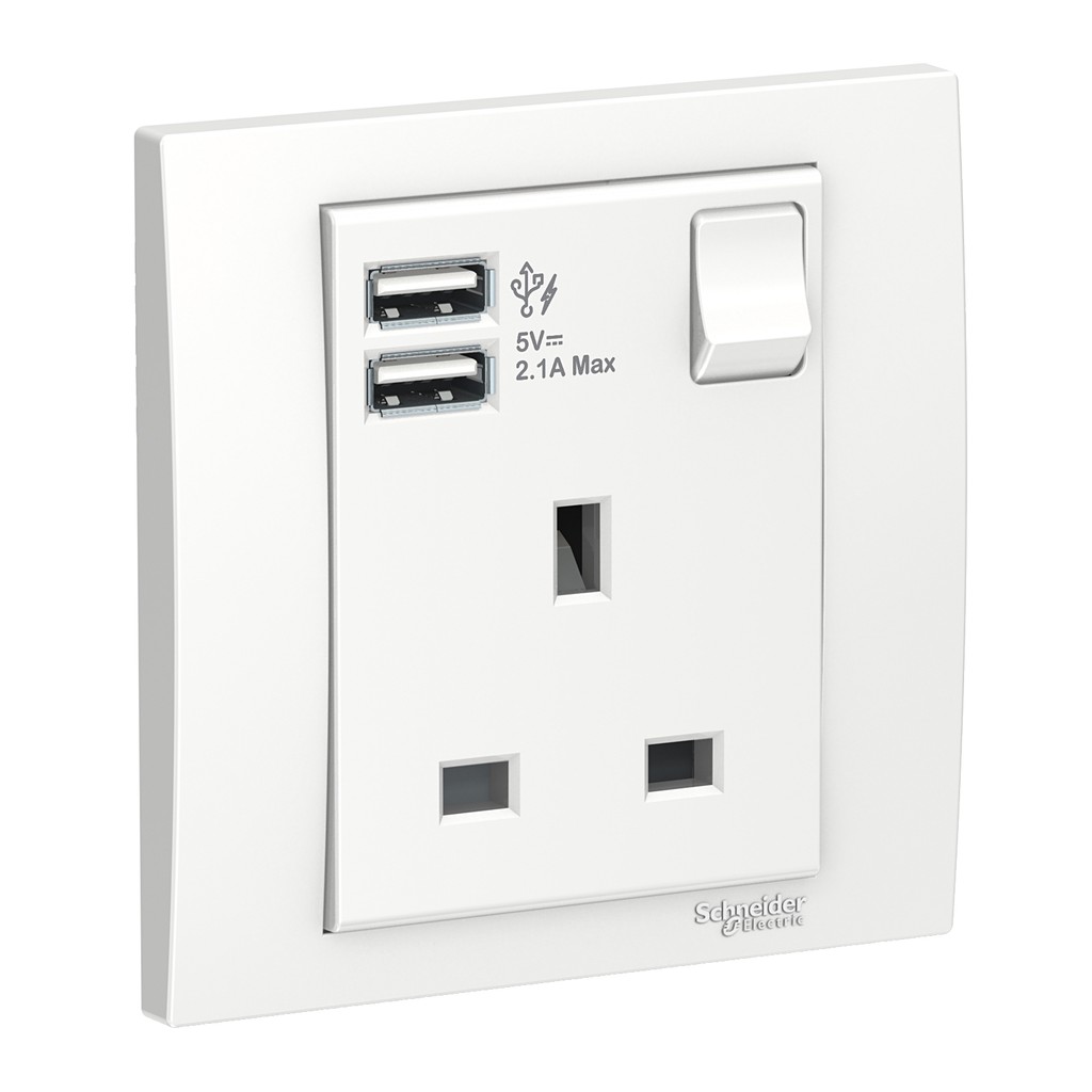 Schneider Electric Vivace 13A 1 Gang Switch Socket with 2.1A USB White