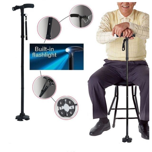 LED 4 section Walking Stick Foldable Adjust Height Tongkat Cane Pivot