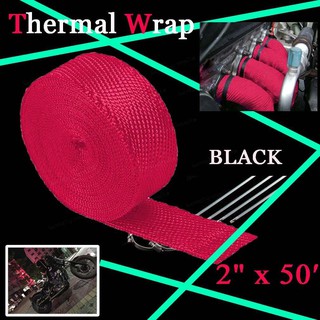 W Pink 2" x 50FT Exhaust Header Fiberglass Heat Wrap Tape w/ 5 Steel Ties