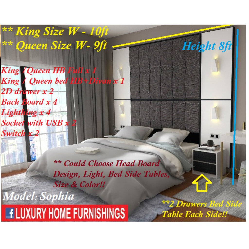 Sophia, HOTEL SERIES BED, FULL SET, QUEEN SIZE, Could CHOOSE headboard design, color, side table style, bedside lamp!!