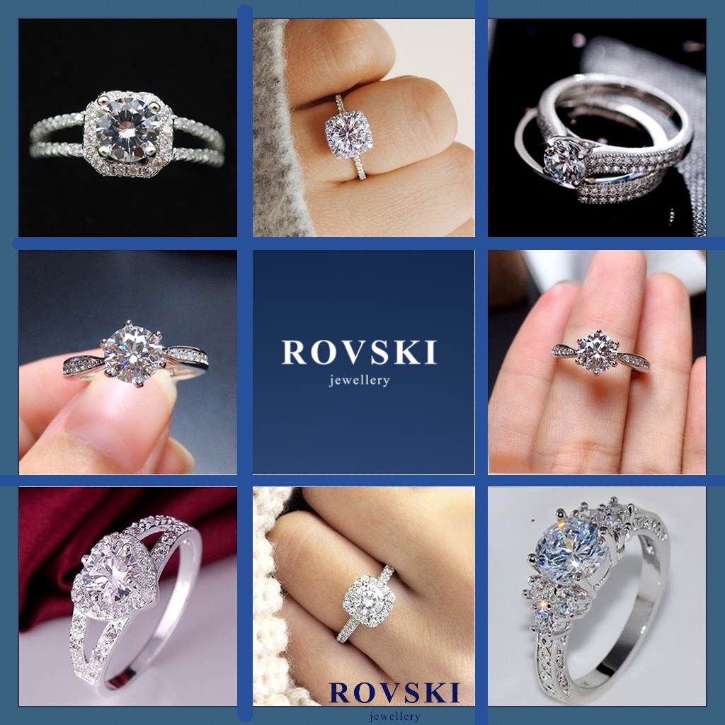 ROVSKI Fashion Korean Ready Stock Jewelry Cincin Perempuan 925 Sterling Silver Ring Luxury High End Precision Micro Setting Cincin Batu Permata