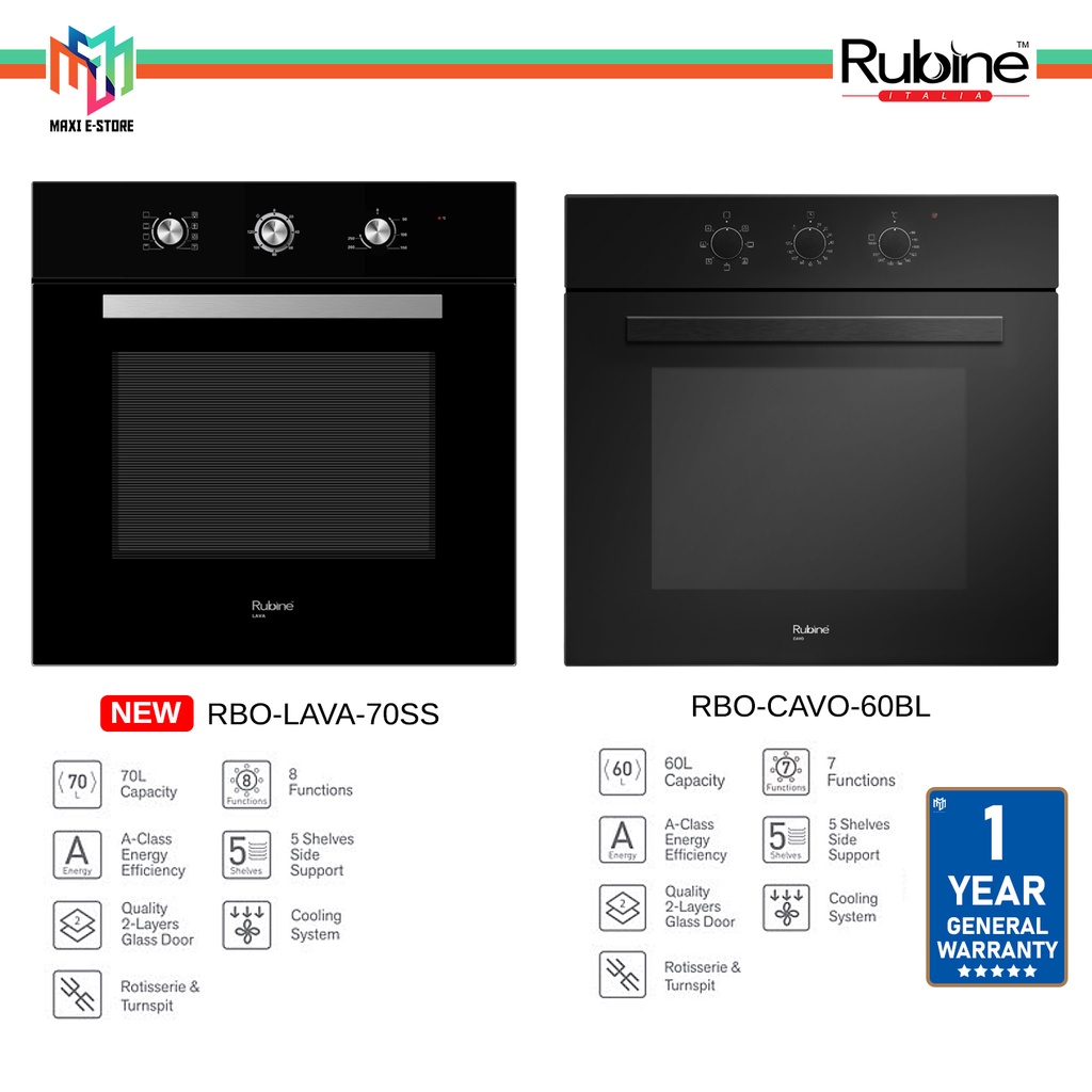 Rubine LAVA / CAVO Full Glass Door BuiltIn Oven with Mechanical Control Panel RBOLAVA70SS