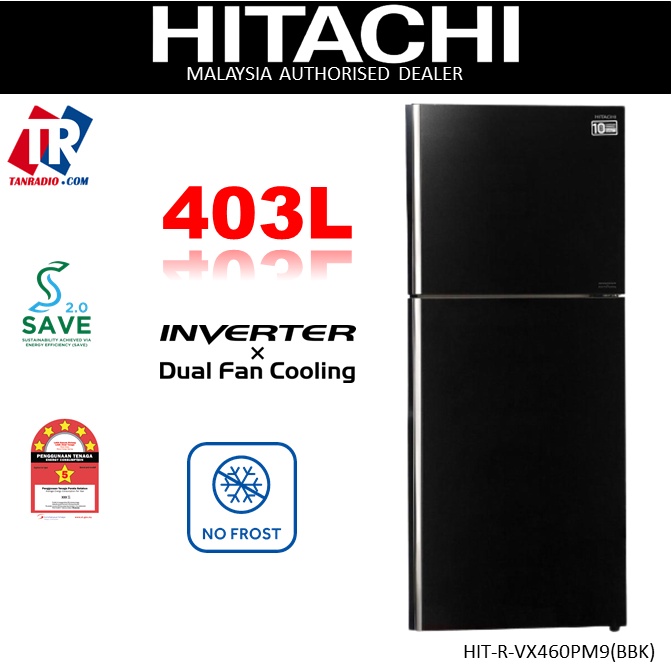 Hitachi Twin Door Fridge Inverter Dual Fan Cooling Black/5Star (403