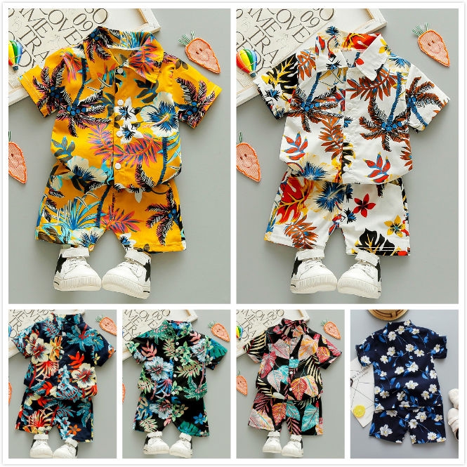 2 Pcs Children Clothing Suit Boys Pants Suit Summer Boy Short Sleeve Shirt Suit Girl Shorts Suit Beach Fashion Kids Handsome Tropical Short Suit