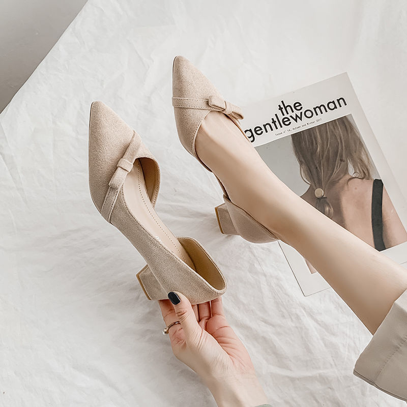 Bowknot French Girls Mid Heel Pointed High Heels Thick Heel Single Shoes Shopee Malaysia