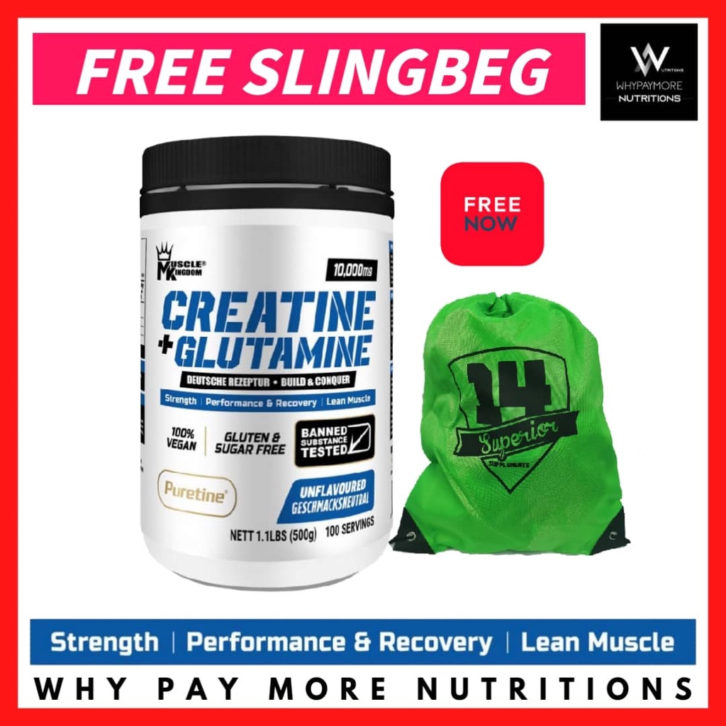 Muscle Kingdom Creatine + Glutamine 500g 100 serving (Free Sling Beg) halal creatine, halal