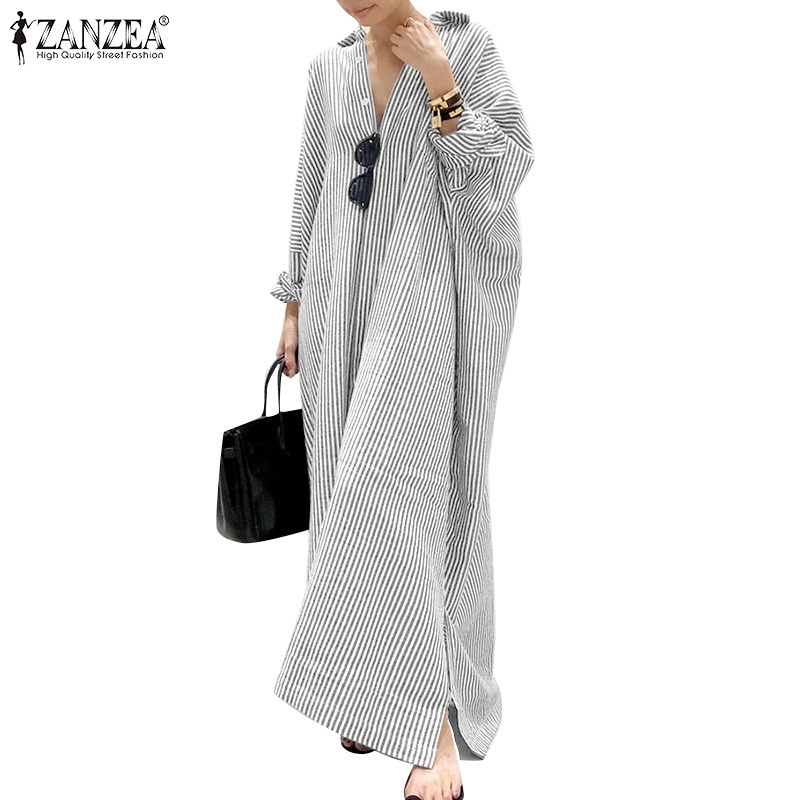 ZANZEA Women Fashion Casual Stripe Printed Button Down Split Hem Maxi Shirt Dress