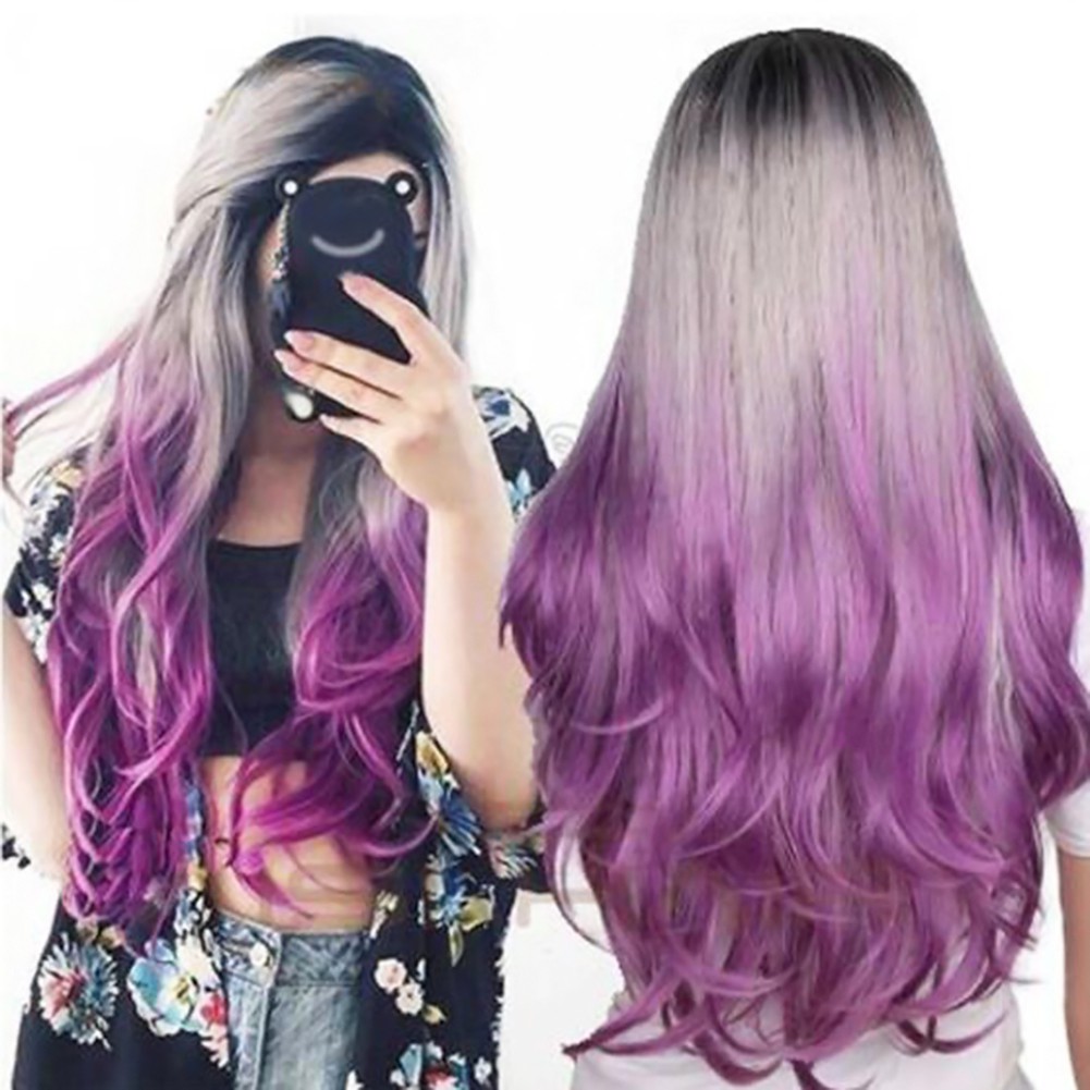Women Long Curly Wig Mix Grey Black Purple Long Curly Wavy Hair Full Wigs |  Shopee Malaysia
