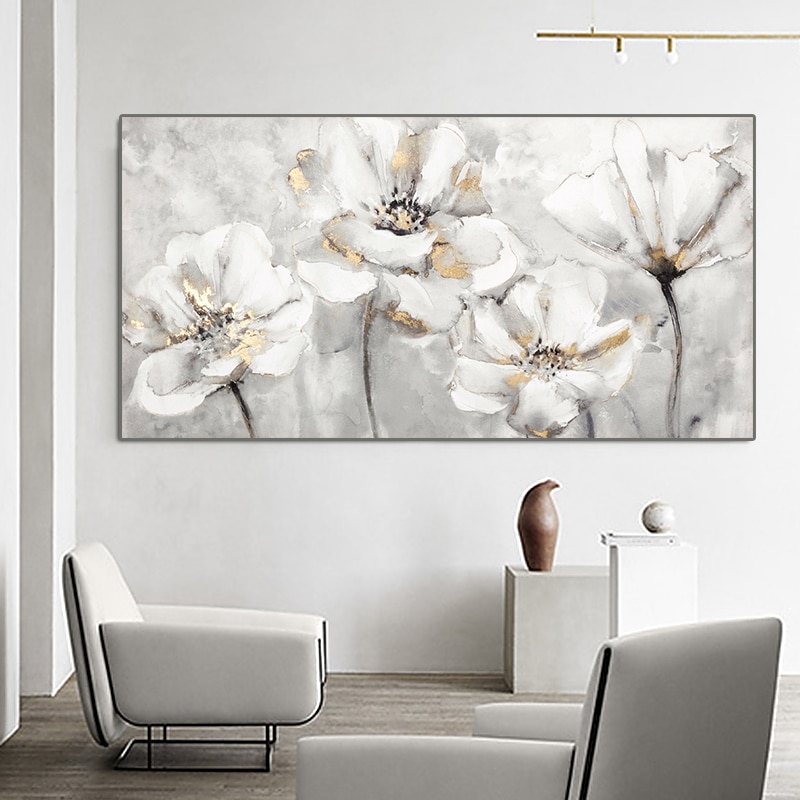 Abstract Poster Prints Canvas Painting Wall Art White Golden Modern Flower Pictures For Office Room Nordic Home Decor