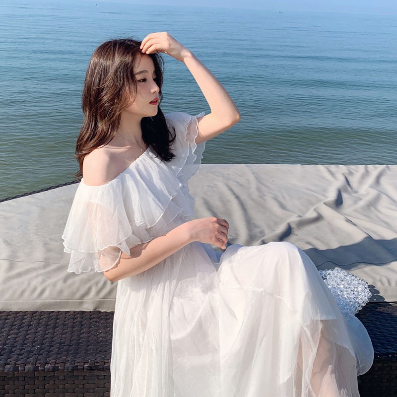 Sanya holiday white skirt length nvxia 2021 new off shoulder chiffon dress seasi  skirt fairy skirthuangzhong.my 9.23huangzhong.my 9.23