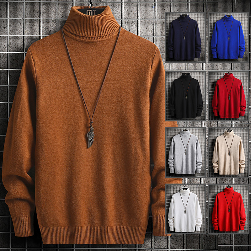 Men's Winter High Neck Solid Color Warm Sweater Men Casual Slim Knitted Pullover Sweater