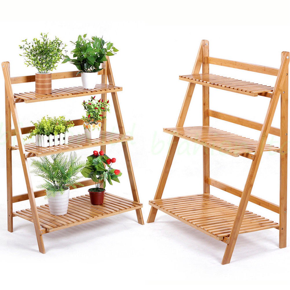 Foldable Rack 3 Tier Bamboo Wooden Flower Garden Rack Potted Plant ...