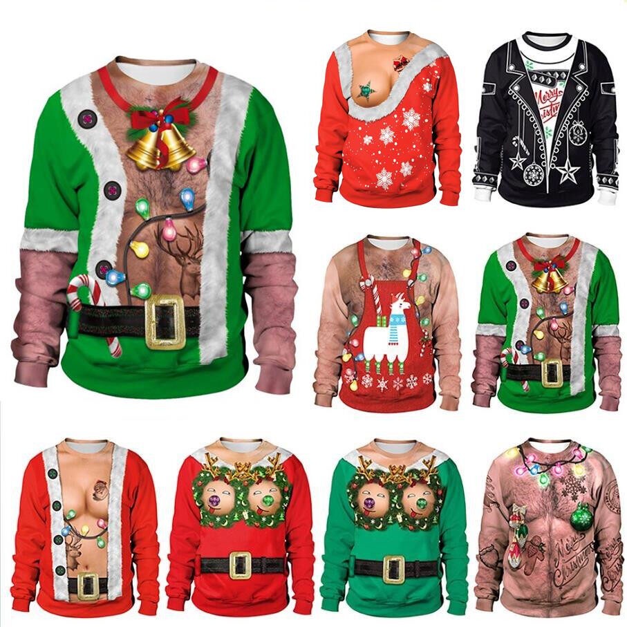 Men Women Chest Hair Christmas Sweater 3D Christmas Bell Tree Ugly Sweaters Pullover Holiday Funny Sweatshirt Xmas Jumpers Tops Couple sweater