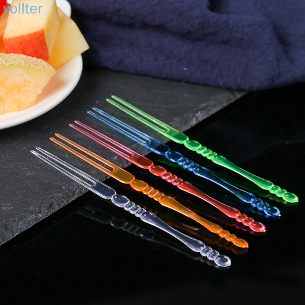 VOLL 80Pcs Cake Fork Plastic Fruits 2 Tooth Food Picks for Dessert Snack Salad Cocktail Appetizer, Colorful