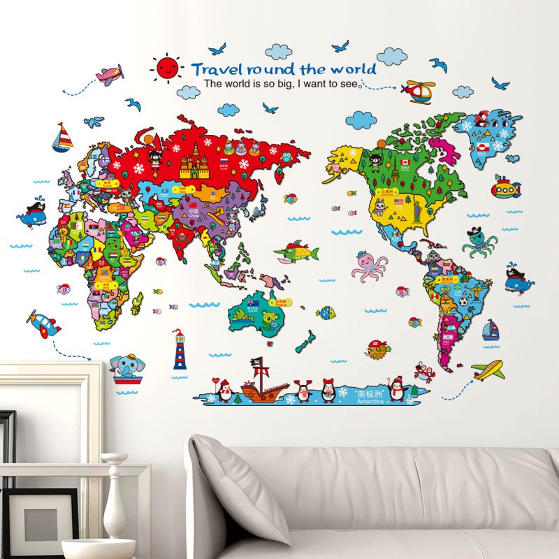 Colorful Animal World Map Wall Stickers DIY Wall Decor for Kids Study room  | Shopee Malaysia