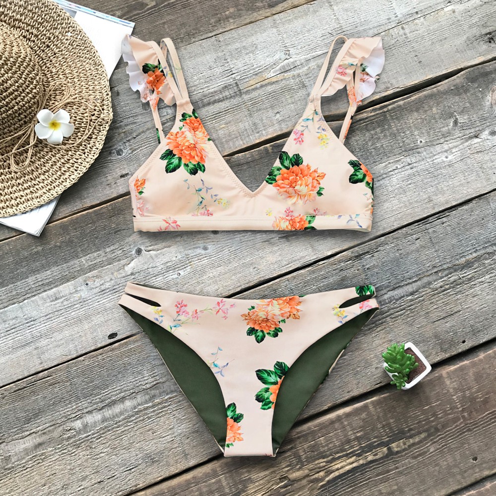 ruffled floral bikini cupshe