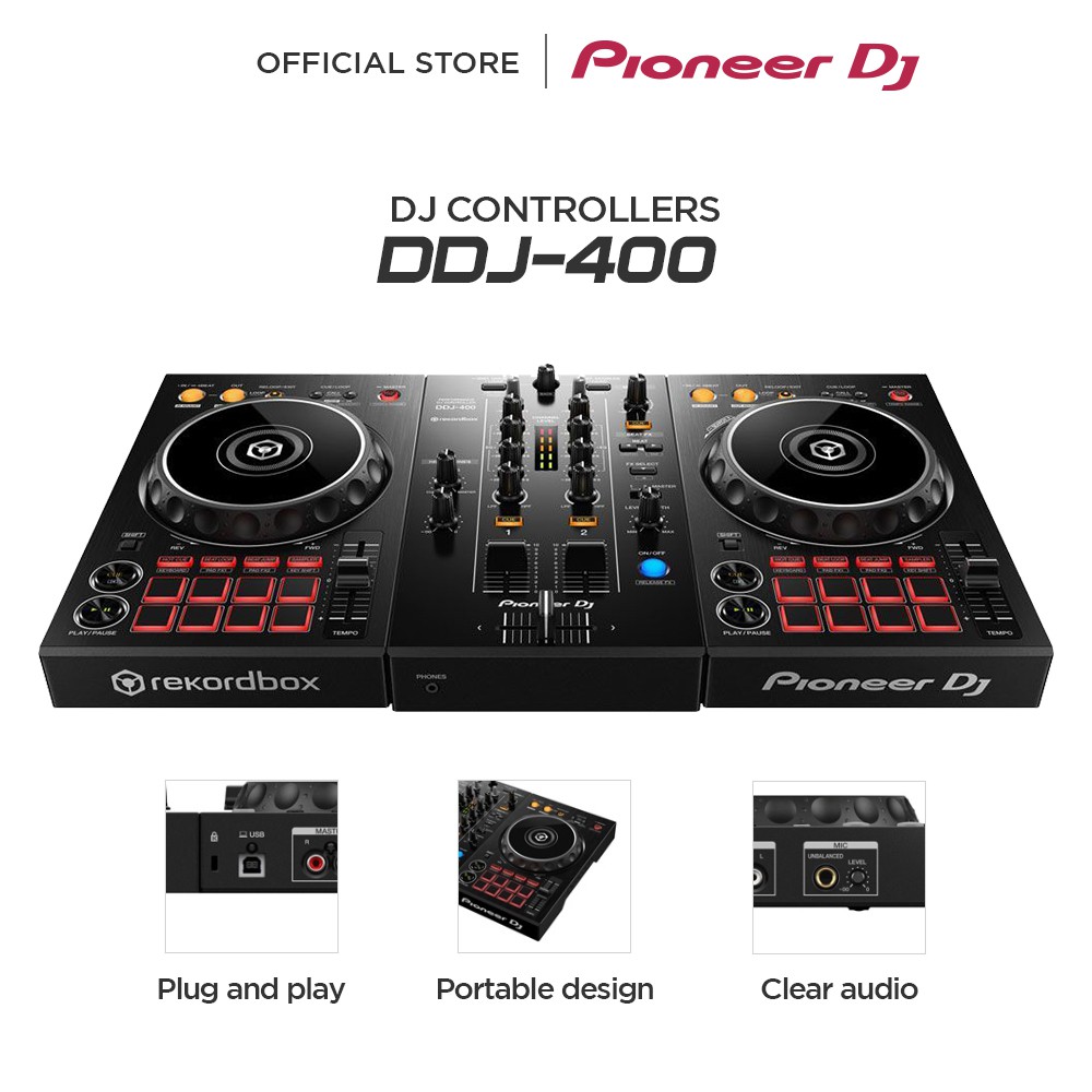 Pioneer DJ DDJ-400-2-deck Digital DJ Controller for rekordbox dj Software Included On-Ear Headphones with 16 Performance Pads and 2-channel USB Interface Black & HDJ-CUE1 Black 