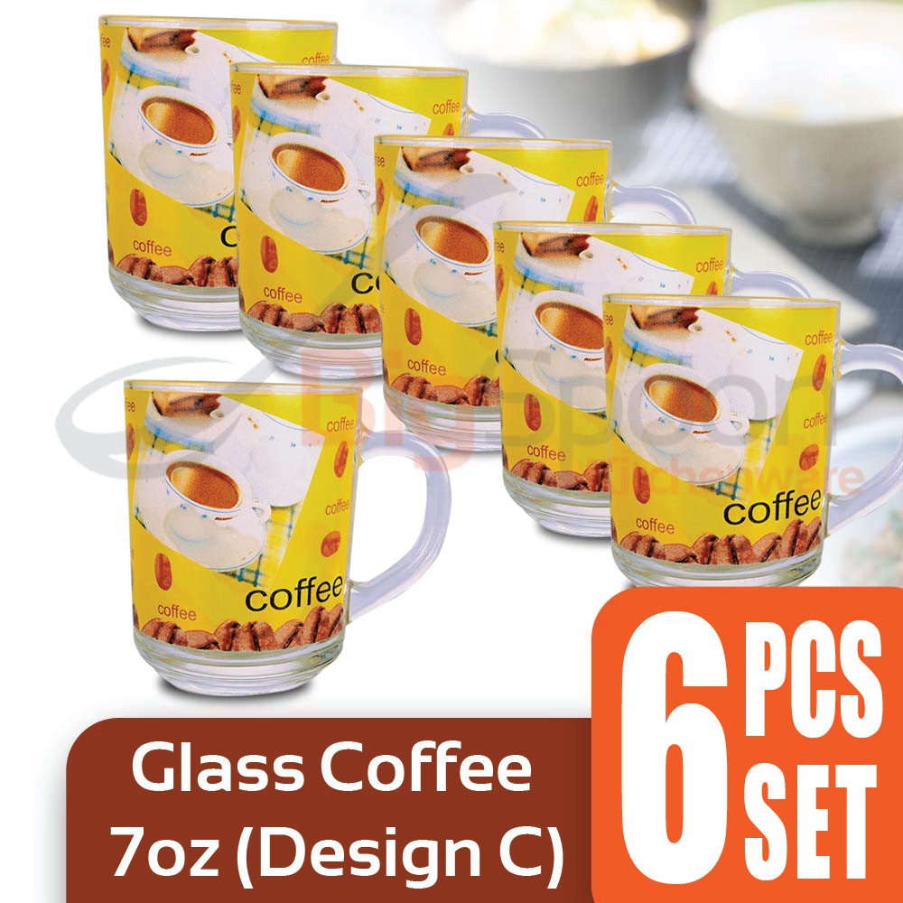 6pcs Set High Quality Glass Coffee Cup with Printed Design & Handle Water/Flower Tea/Milk Tea/Juice Mug 200ml - Design C
