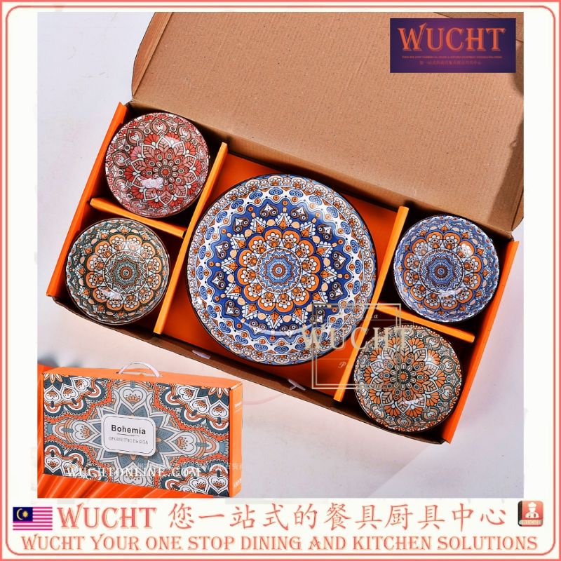 【WUCHT】Set of 5 pieces Bohemia Gift Set Bowl Plate Gift Ceramic handcrafted pattern
