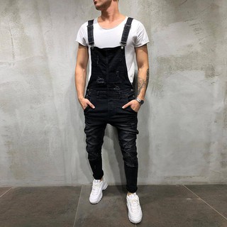 slim ripped denim overalls