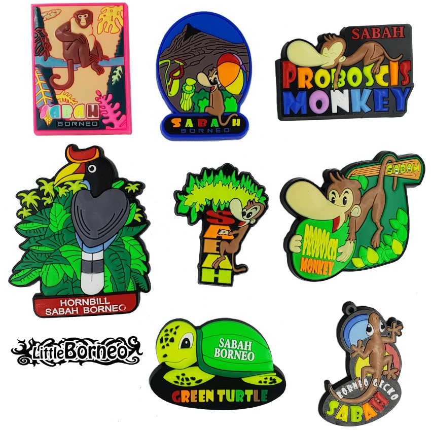 Sabah Rubber Magnet - Fridge Magnet - Proboscis Monkey, Gecko, Green Turtle, Hornbill, Mt. Kinabalu - Souvenir