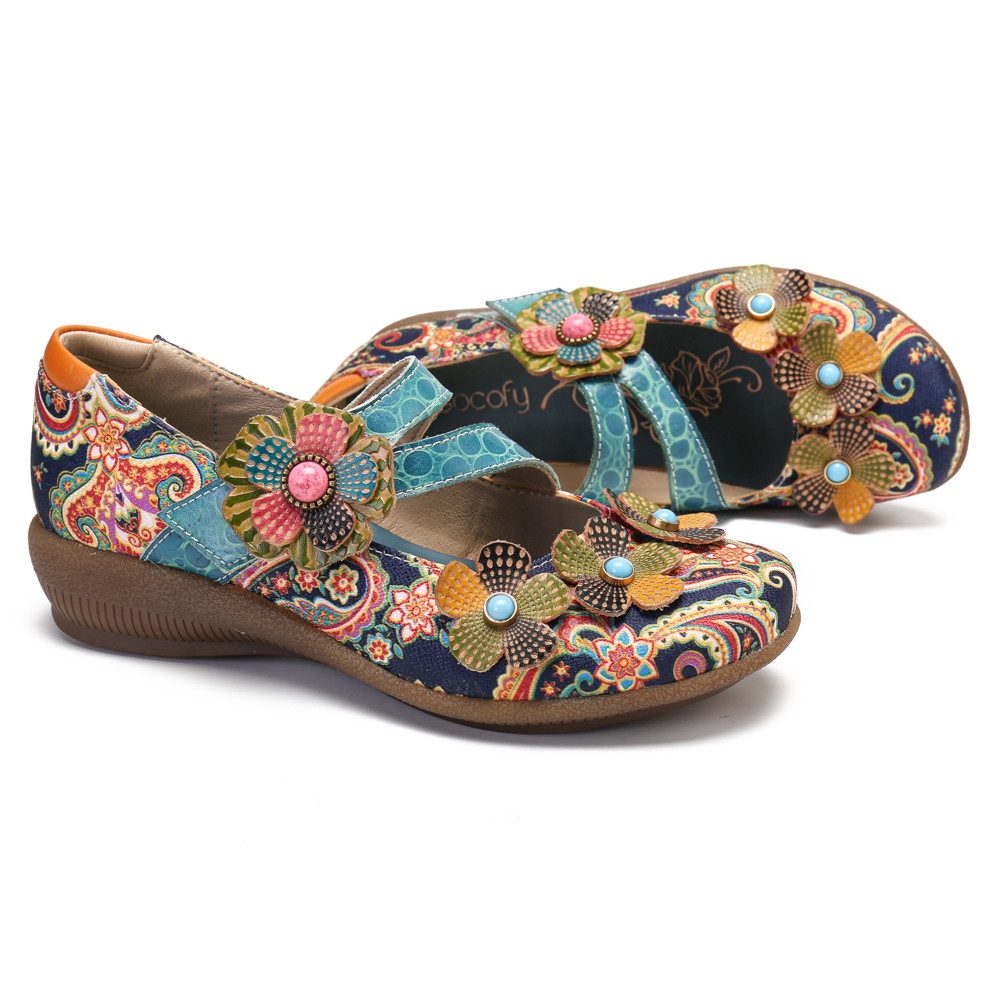 socofy vintage floral genuine leather splicing colored band stitching hook loop flat shoes