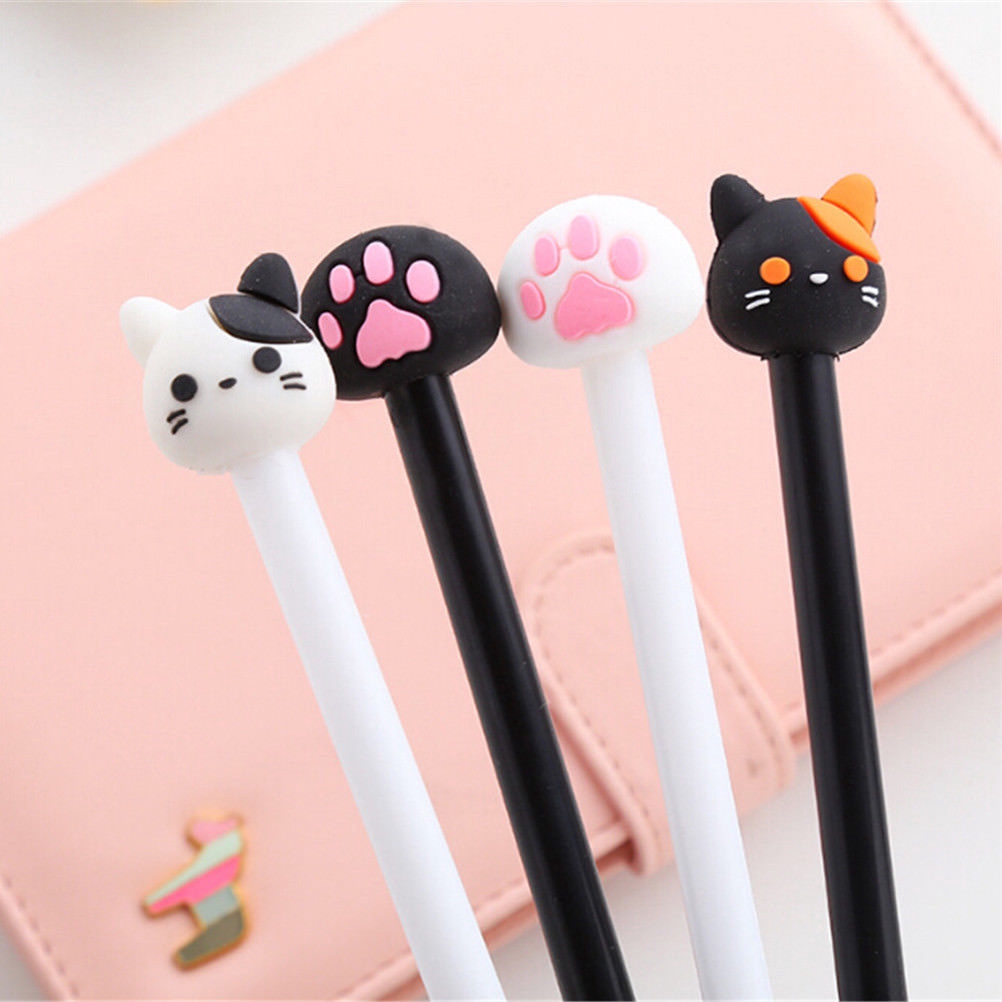 4x Black Cute Cat Gel Pen Novelty Gifts School Stationery Slim Ink Pens 0.5mm-`