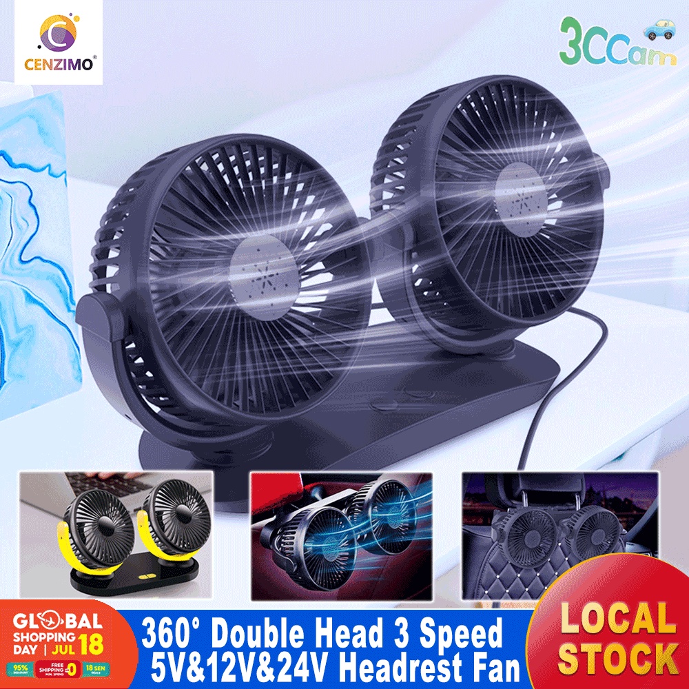 🔥[Local Ready Stock] USB Fan Car Fans 360°Double Head Rotating Car Fan