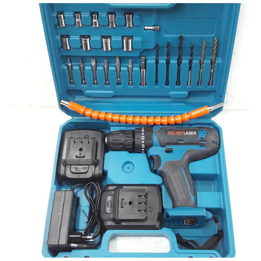 MEG PRO 18V Impact Cordless Drill with 2 Battery and Tools 14pcs ...