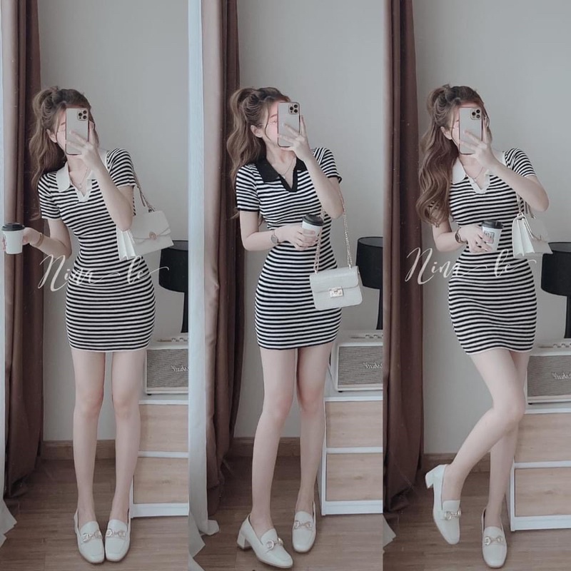 Striped bodycon dress with turn-down collar, REAL PHOTOS INCLUDED