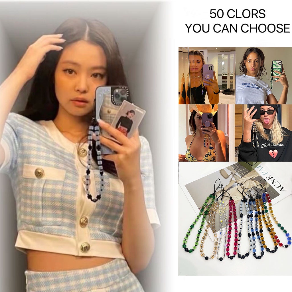 KPOP BLACKPINK Rosé Mobile Phone Chain ROSE Phone Strap Keychain Square Crystal Beads Anti-Lost Phone Hanging Cord Mobile Phone Lanyard 50 Colors