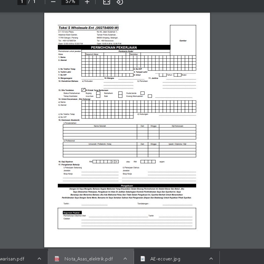 Borang Permohonan Kerja Excel Mudah Edit