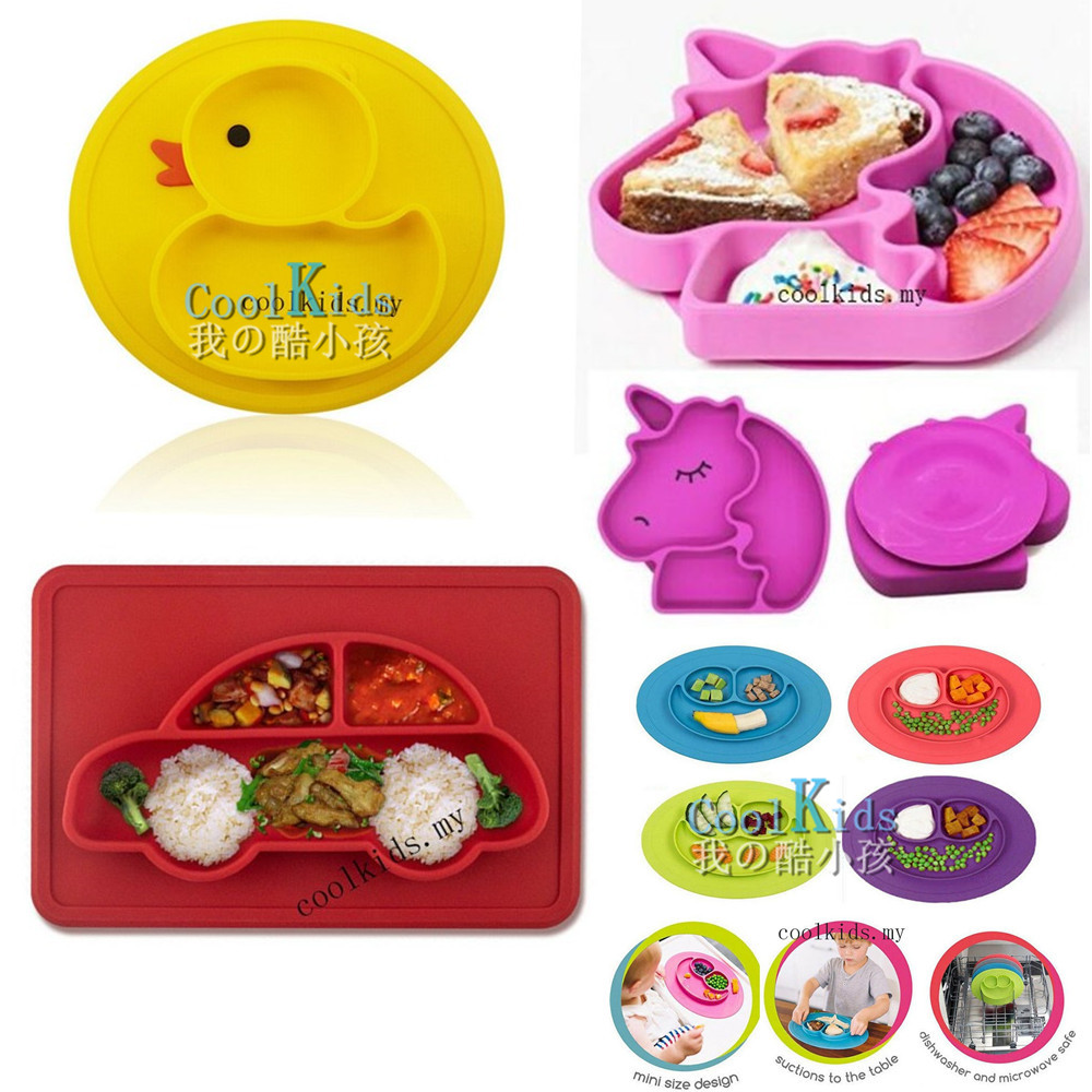 Baby Suction Plate Unicorn CAR DUCK Mickey smile face Silicone Placemat Portable Dishwasher Microwave Dinner Plate