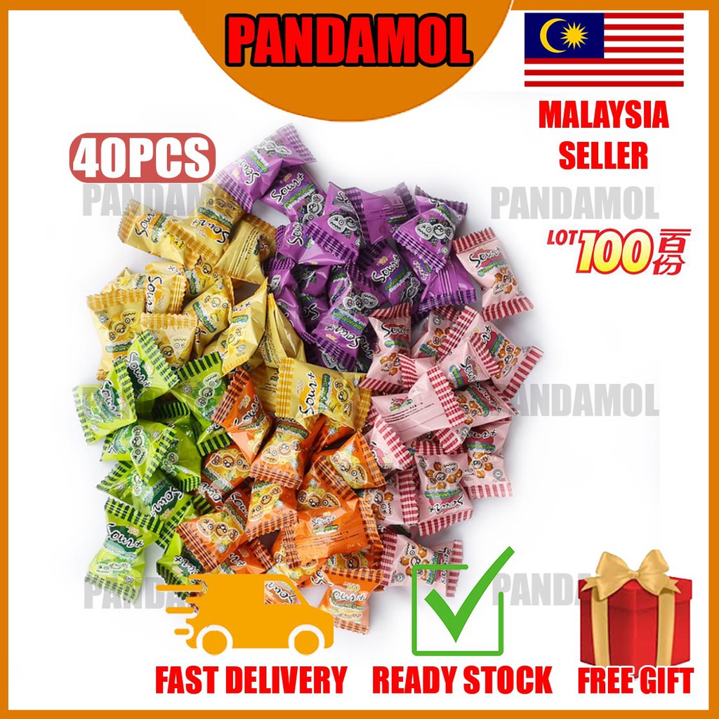 Pandamol Lot 100 Sour Plus 40pcs Mixed Fruit Masam Sour Gula Masa Kanak-Kanak Halal