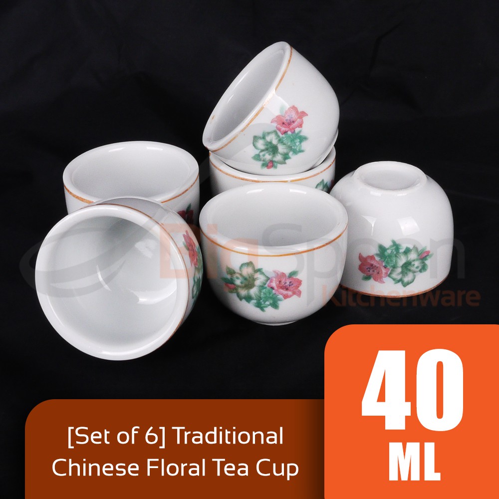 [Set of 6] Chinese Floral Ceramic Tea Cup 40ml 6308 C300-B Acuan Kuih Lompang Kaca Cawan Kecil 白底印花陶瓷大号茶杯（一套六个）