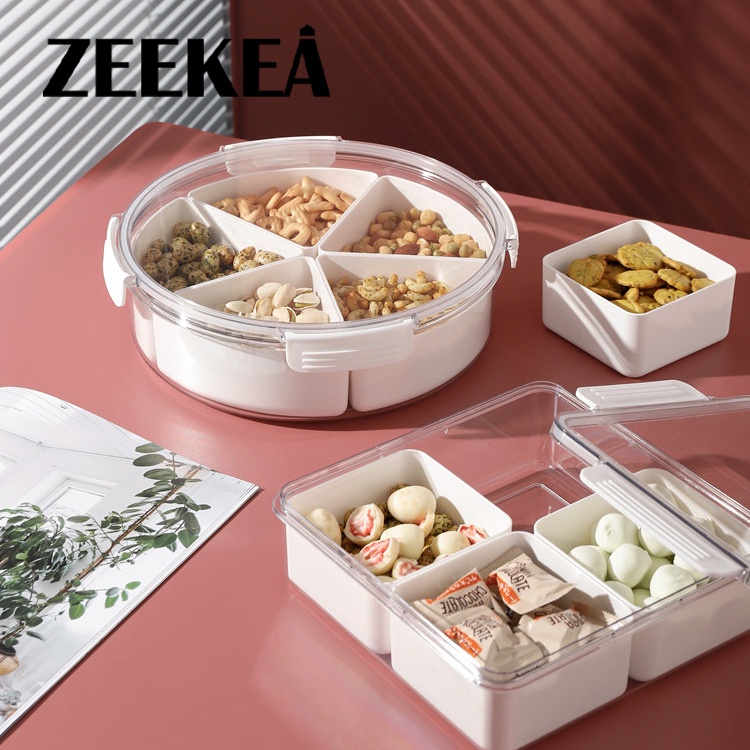 Zeekea Square Plastic Divided Serving Tray with Lids, 4 Individual