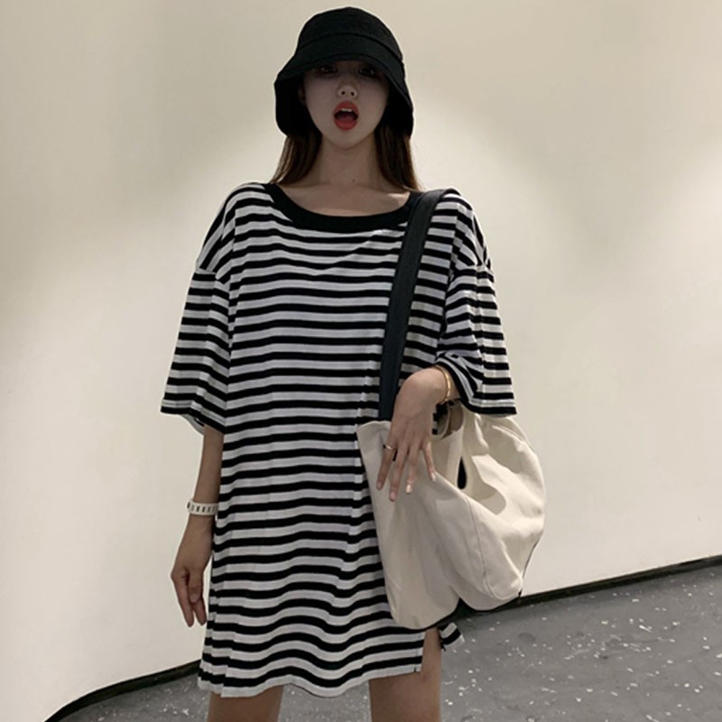 Oversize Half Missing Tops Black White Stripe Short Sleeve T Shirt Female Long Loose Split Down Shirt Oversize Shopee Malaysia