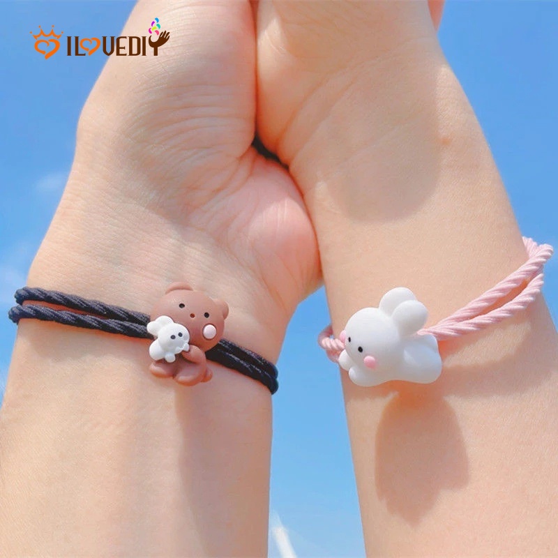 Cute Cartoon Hug Bear Magnetic Bells Couple Distance Matching Bracelets