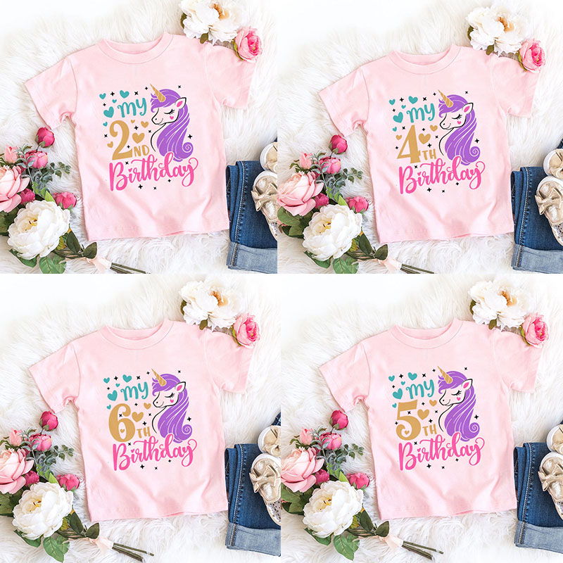 Girls Happy Birthday Unicorn Number 1-8 Print T Shirt Baby Cartoon Funny T-shirt Kids Birthday Present Clothes