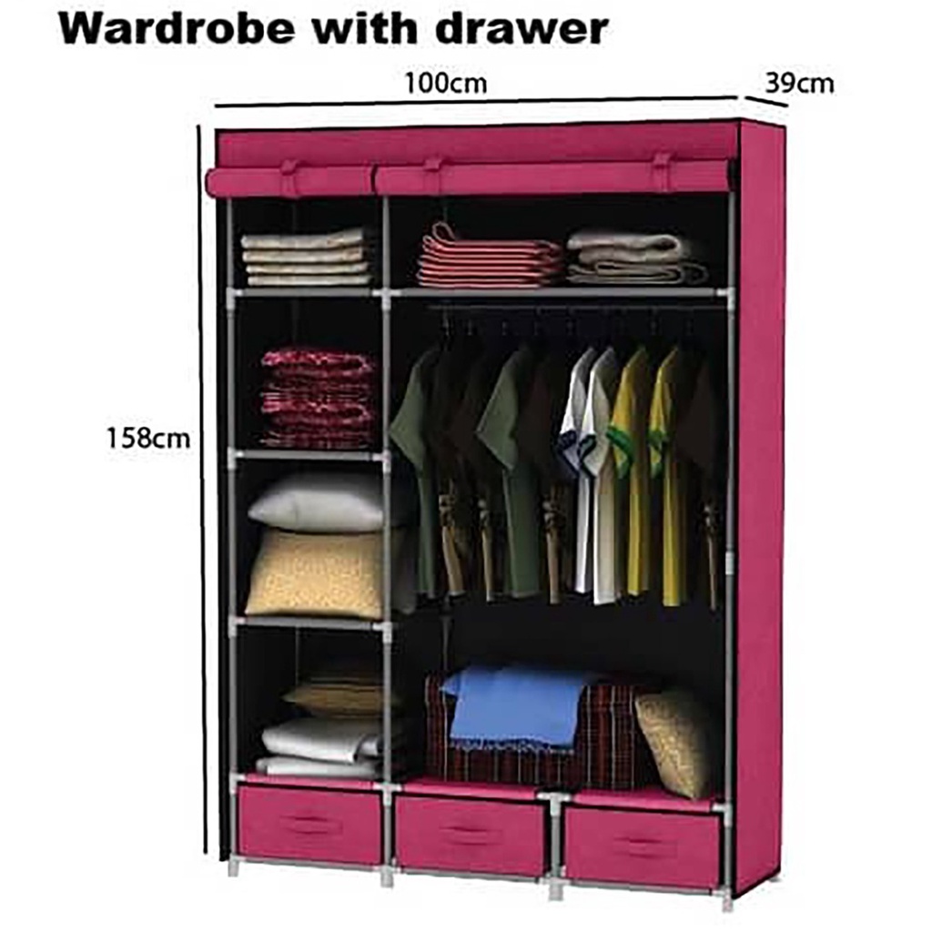 FINSSO : Wardrobe with Drawer / Almari Baju Rak Baju Clothes Organization Storage Rack Cabinet