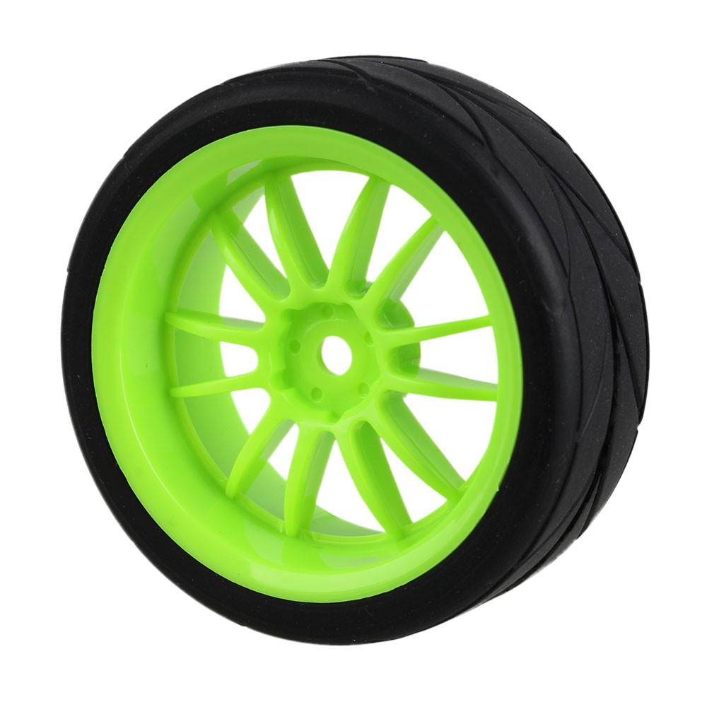 4x 12mm Hex RC 1:10 On Road Car Rubber Tyres /& Green 12 Spoke Plastic Wheel Rims