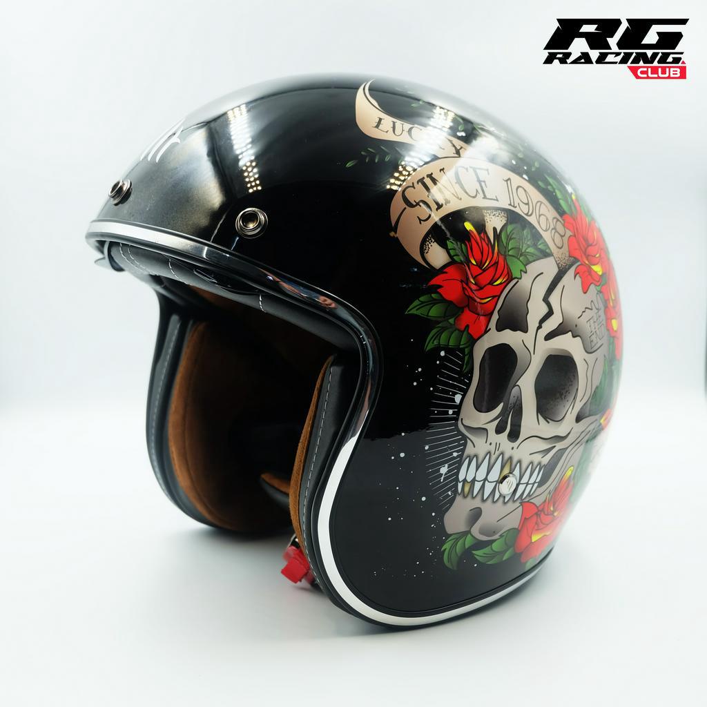 MT Le Mans 2 Skull & Roses Open Face Motorcycle Helmet Black Large 
