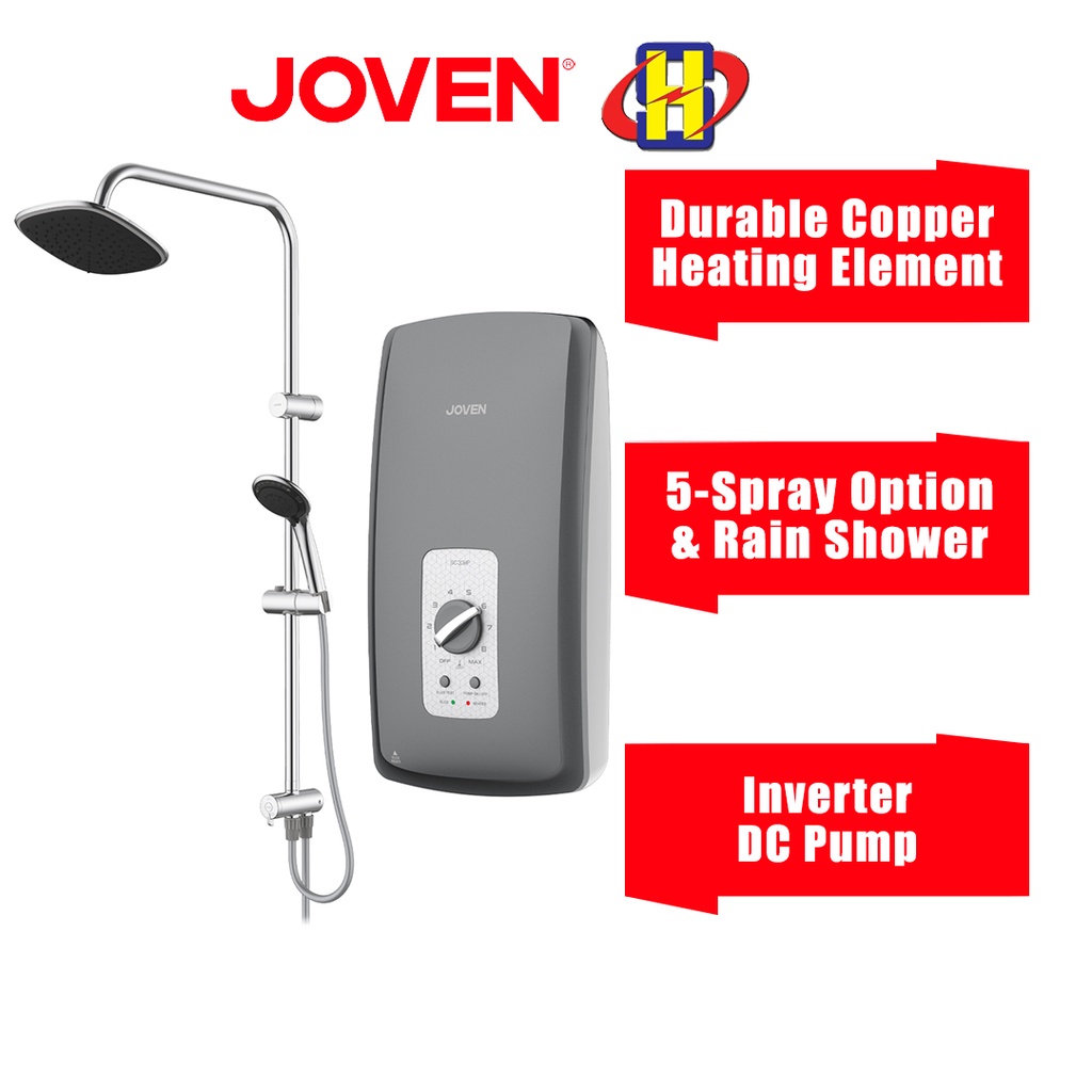 Joven Instant Water Heater (DC Pump/Rain Shower/Dark Grey) Inverter SC33 Series 5-Spray Pattern Showerhead SC33iP-RS