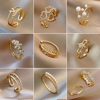 Korea Gold Titanium Steel Adjustable Diamond Pearl Zircon Rings Cincin Women Fashion Jewelry Gift