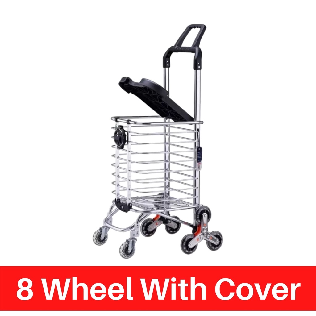 4 in 1 Foldable 8 Wheel Stair Climber Lid Cover Aluminium Folding Grocery Shopping Trolley Cart Sit Trolley Troli Lipat