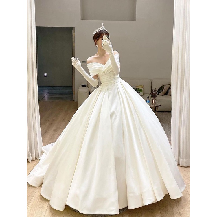 pre order fishtail white satin off shoulder wedding bridal dress gown ...