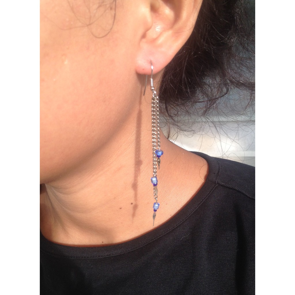 Triple Strand Artisan Chain and Blue Bead Dangling Jewelry Earrings