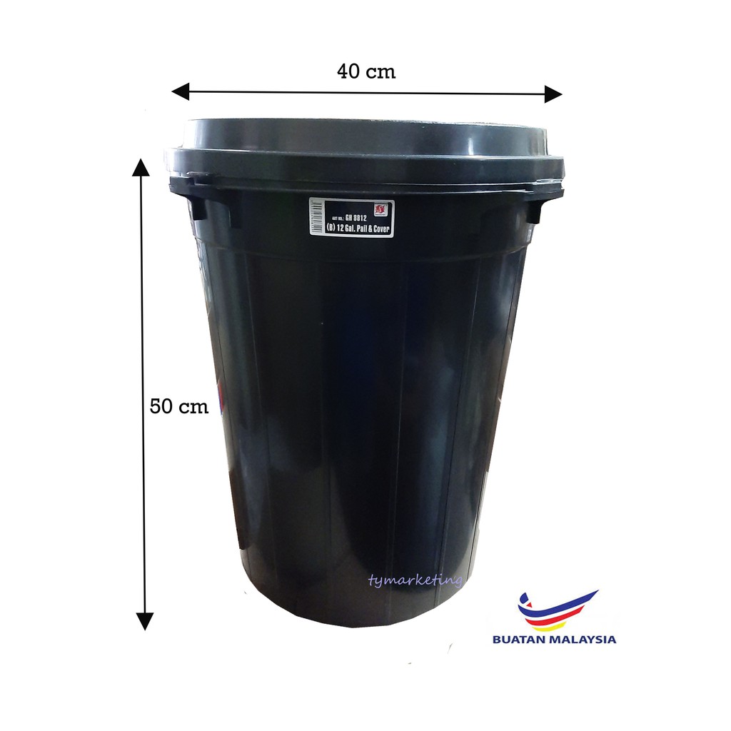 12 Gallon Black Plastic Dustbin With Cover Tong  Sampah  