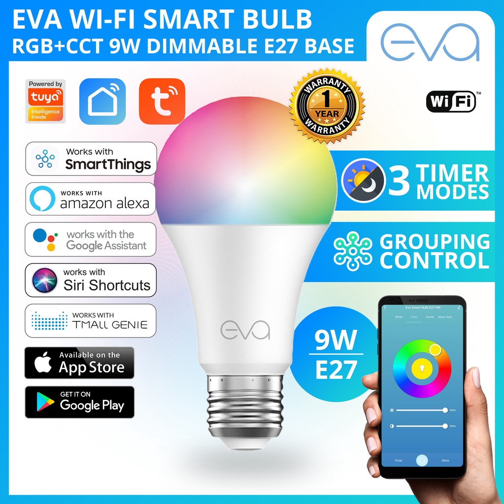 Eva Wi-Fi Smart Bulb 9W RGB + CCT E27 Dimmable Works on Tuya Smart Life App Support Alexa, Google Assistant, SmartThings